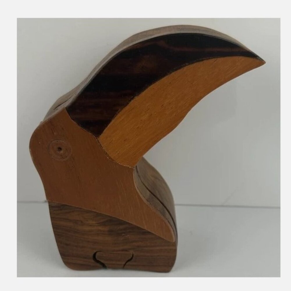 Vintage Wooden Toucan Bird Puzzle Trinket Box Secret Compartment Lined Carved